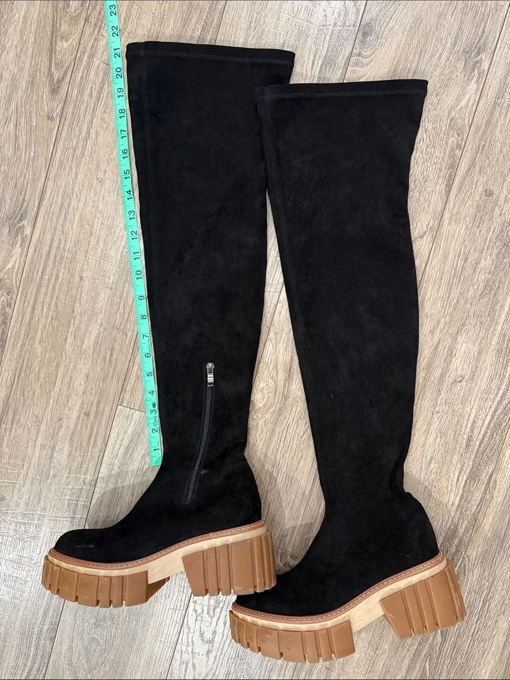 Stella McCartney Black Over-the-Knee Suede-Look Boots with Tan Lug Sole sz 38